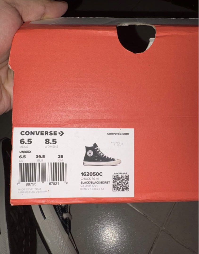 Converse Chuck 70 Hi Black Egret (Category: Sneakers) located in Malolos. Submitted by manahanaj58 (Listing ID 1469283925, Image 3). Description: Converse Chuck 70 High Top in Black/Black/Egret. Size Men 6.5 / Women 8.5 (UK 6.5, EUR 39.5, 25cm). Model 162050C. Classic canvas upper with rubber toe cap and higher rubber taping. Cushioned OrthoLite insole. Original box included..