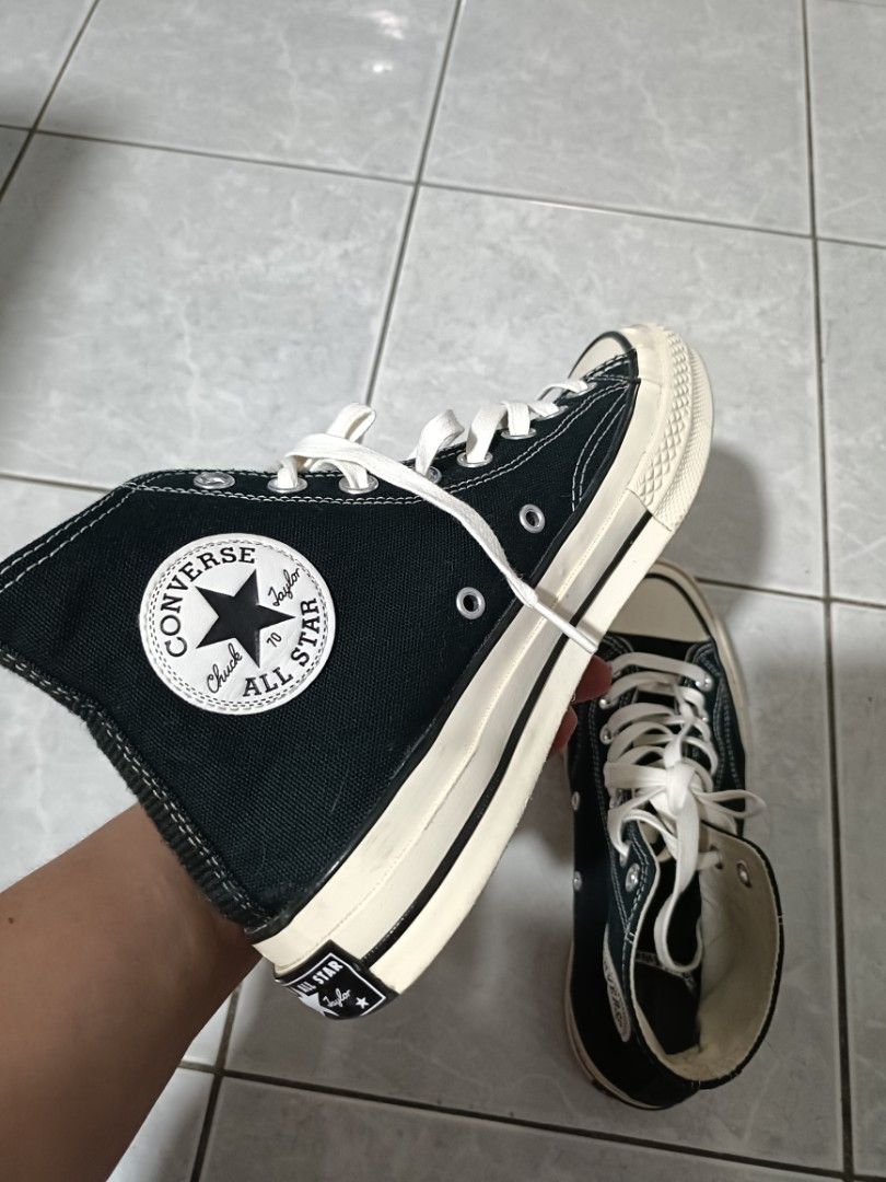 Converse Chuck 70 High Top Black (Category: Sneakers) located in Quezon City. Submitted by cataleya0723 (Listing ID 1469173395, Image 3). Description: - Brand: Converse - Model: 162050C - Style: Classic Black High Top Sneakers - Size: Men's 6.5 / Women's 8.5 / UK 6.5 / EUR 39.5 / 250mm - Material: Textile upper and lining with durable rubber outsole - Color: Black with white laces, contrast stitching, and signature rubber toe cap - Condition: Exc