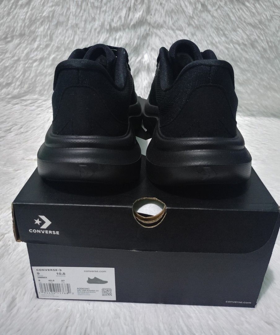 Converse Day One Runner Ox Black Size US 9 (Category: Sneakers) located in Manila. Submitted by mon_162021 (Listing ID 1469350887, Image 3). Description: -Mens 9&9.5 - Brand: Converse Day One Runner Ox - Color: All Black - Condition: Never worn outside, pristine condition - Size: Men's US 9 / Women's US 10.5 / EUR 42.5 - Style Code: A20634C - Features: Completely clean uppers and thick textured soles - Inclusion: Original box with matching label 