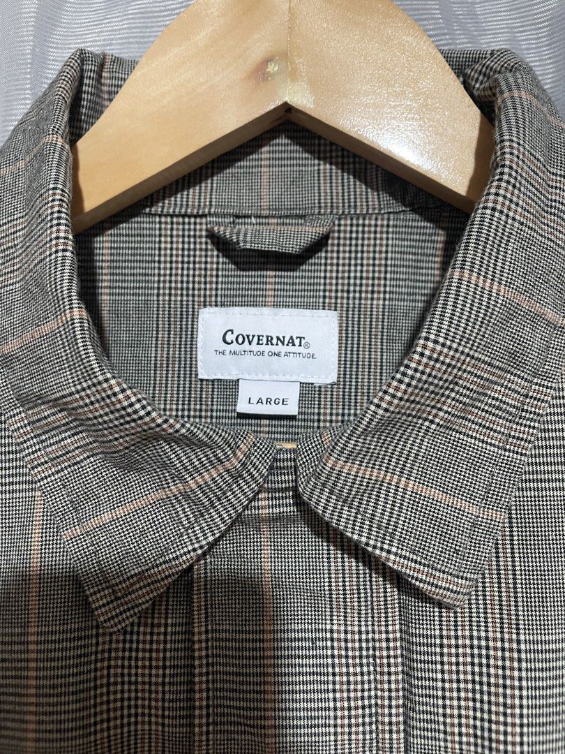 Covernat Plaid Button Up Jacket (Category: Coats, Jackets and Outerwear) located in Calbayog City. Submitted by thriftme.bro (Listing ID 1469324482, Image 3). Description: Covernat plaid button-up jacket in green and brown tones. Size L, relaxed fit, 100% cotton. Features dual chest pockets and a snap button detail. Clean condition with no flaws. Perfect for cooler weather layering!.