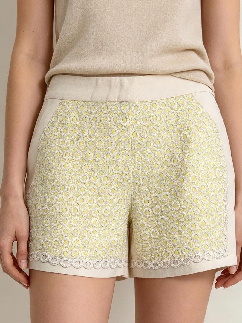 Cream and Yellow Circle Lace Pattern Tailored Shorts (Category: Shorts) located in Caloocan City. Submitted by mylove326 (Listing ID 1469239665, Image 1). Description: - Cream tailored shorts with unique yellow and white round lace overlay panels - Features a clean back with two welt pockets and a structured waistband - Convenient side zipper closure - Length: approximately 12 inches - Great statement piece for warm weather and OOTDs .