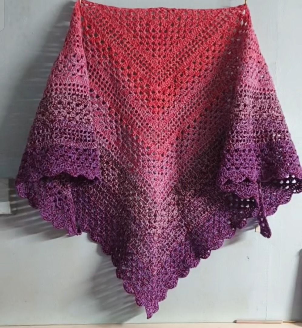Handmade Crocheted Shawl (Category: Everything Else Others) located in Caloocan City. Submitted by littlepurple888 (Listing ID 1469329714, Image 2). Description: GRADIENT INDOPHIL 3PLY SHAWL Handcrafted triangle shawl Yarn: Gradient Indophil 3ply - soft & light Color: Red→ Pink→ Purple ombre fade Lacy openwork with scalloped border Lightweight, breathable & perfect for beach ~150cm wingspan Size: Cute cover-up for beach & sunset strolls.