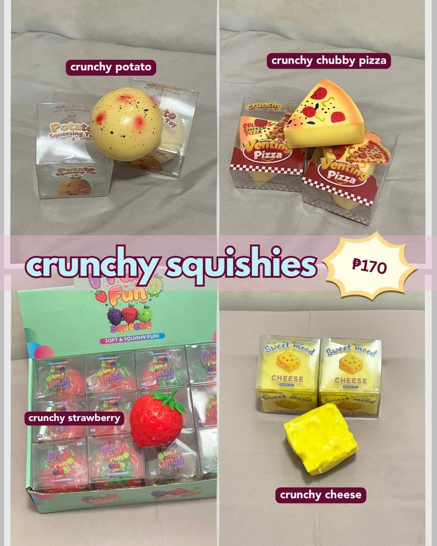 Crunchy Squishy/Squishies Assorted (Category: Kids Toys) located in Paranaque City. Submitted by danariole (Listing ID 1469288261, Image 2). Description: - Crunchy squishies available in various designs (peanut, carrot, durian, cabbage, potato, pizza, strawberry, cheese, soap, cloud, and animals in steamed bun containers) - RETAIL ONLY, ALL ARE ON HAND - Each squishy is individually boxed - Perfect for gifts, collection, or daily stress relief PM