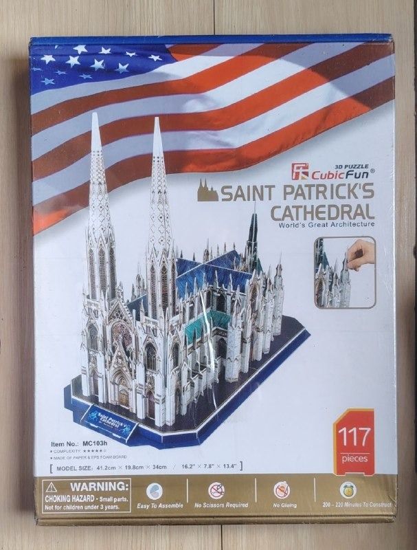 CubicFun Saint Patrick's Cathedral 3D Puzzle MC103h (Category: Board Games & Puzzles) located in San Mateo. Submitted by carl_240 (Listing ID 1469190664, Image 1). Description: - Brand new, still sealed in original plastic wrap - CubicFun Saint Patrick's Cathedral 3D Puzzle (Item: MC103h) - 117 easy-to-punch-out pieces made of paper and EPS foam board - Finished model size: 41.2cm (L) x 19.8cm (W) x 34cm (H) - No scissors or glue required for ass