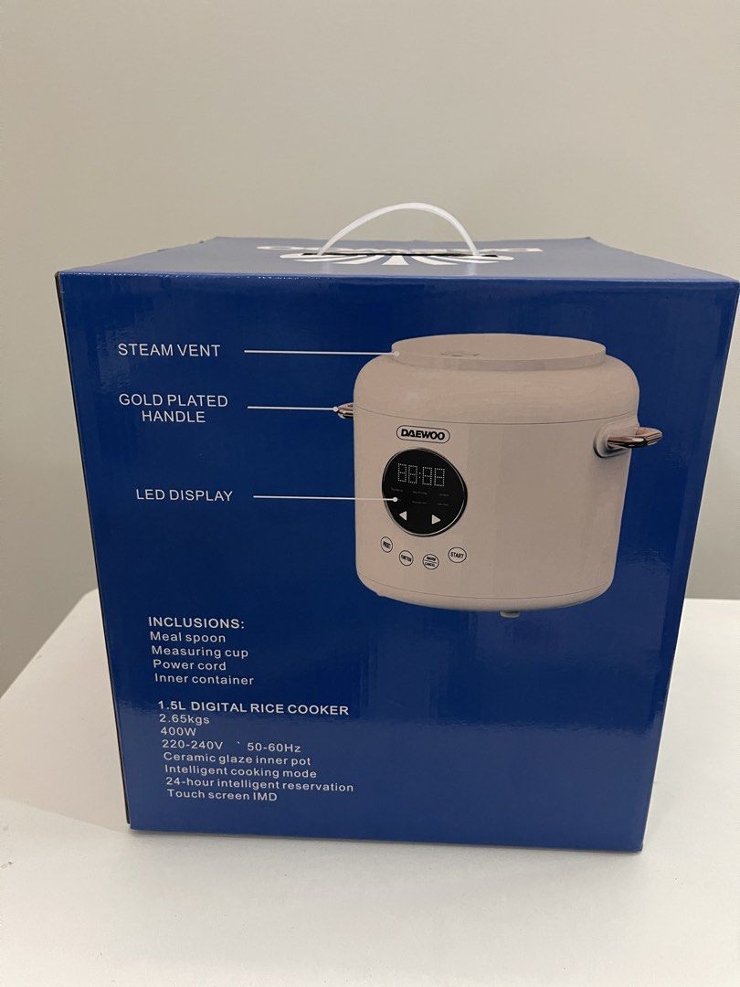 Daewoo 1.5L Multifunction Digital Rice Cooker (Category: Cookers) located in Quezon City. Submitted by bravehorse_f1f6d5 (Listing ID 1469281077, Image 2). Description: - Brand: Daewoo Digital Rice Cooker - Capacity: 1.5L (Compact size, ideal for small families or condo living) - Power: 400W energy-efficient rating - Display & Control: Modern LED display panel with touch screen IMD controls - Inner Pot: Premium ceramic glaze inner pot with elegant