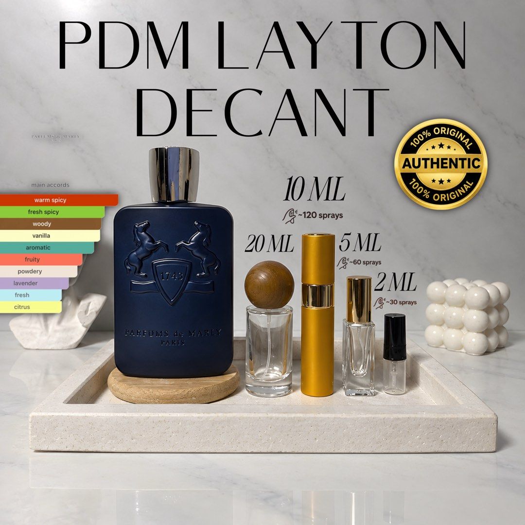 DECANT Parfums De Marly Layton EDP AUTHENTIC (Category: Fragrance & Deodorants) located in Manila. Submitted by scentiquefrgrances (Listing ID 1469307115, Image 1). Description: Follow us on epbi for more updates: Scentique Fragrances Shapi🍊: scentiquefragrances Note: We only sell AUTHENTIC/ORIGINAL Perfumes money back guaranteed if proven fake❗️ BRAND NEW, SEALED AND AUTHENTIC💯 2ML - 220 pesos 5ML - 600 pesos 10ML - 1100 pesos 20ML - 2100 peso