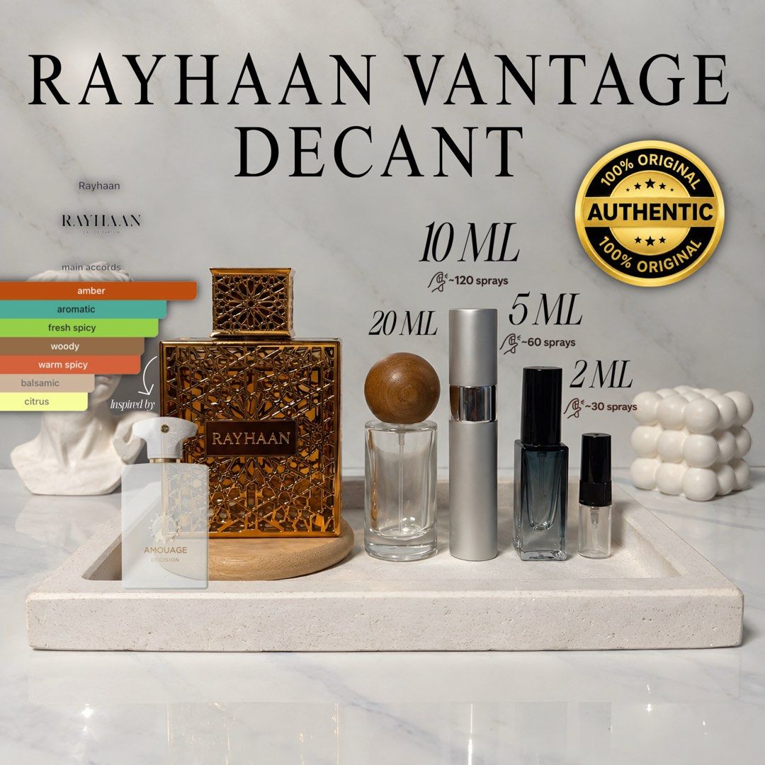 DECANT Rayhaan Vantage EDP AUTHENTIC (Category: Fragrance & Deodorants) located in Manila. Submitted by scentiquefrgrances (Listing ID 1469307440, Image 1). Description: Follow us on epbi for more updates: Scentique Fragrances Shapi🍊: scentiquefragrances Note: We only sell AUTHENTIC/ORIGINAL Perfumes money back guaranteed if proven fake❗️ BRAND NEW, SEALED AND AUTHENTIC💯 2ML - 95 pesos 5ML - 225 pesos 10ML - 380 pesos 20ML - 650 pesos Message u