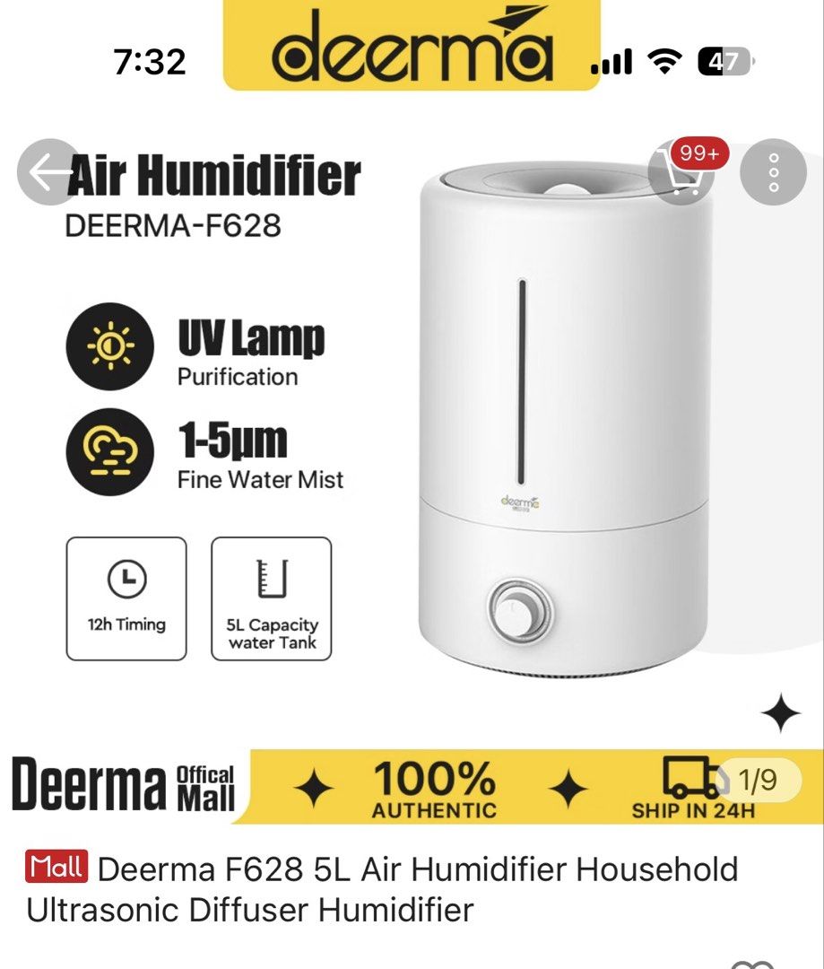 Deerma F628 5L Air Humidifier Ultrasonic Diffuser (Category: Air Purifiers & Dehumidifiers) located in Mandaluyong City. Submitted by dobypreloved (Listing ID 1469273386, Image 2). Description: Used only once for an airbnb stay .