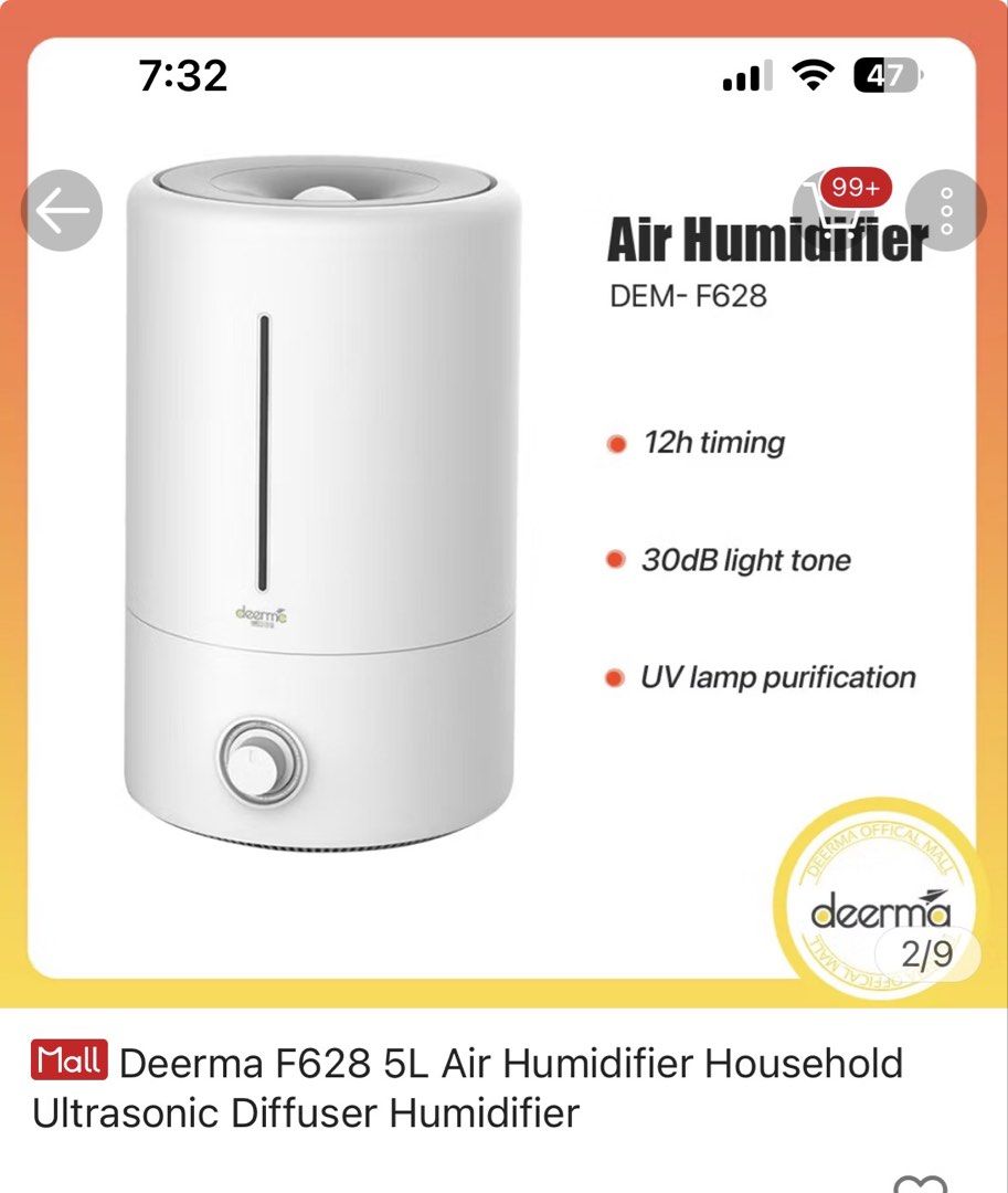 Deerma F628 5L Air Humidifier Ultrasonic Diffuser (Category: Air Purifiers & Dehumidifiers) located in Mandaluyong City. Submitted by dobypreloved (Listing ID 1469273386, Image 1). Description: Used only once for an airbnb stay .
