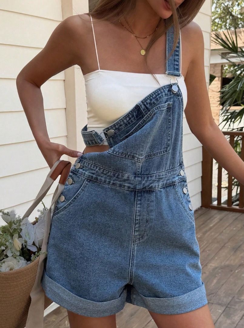 Denim Overalls Shorts (Category: Rompers) located in Pasig City. Submitted by milliesattic (Listing ID 1469199460, Image 2). Description: - Brand: SHEIN - Size L - Blue denim short overalls - Used only once.