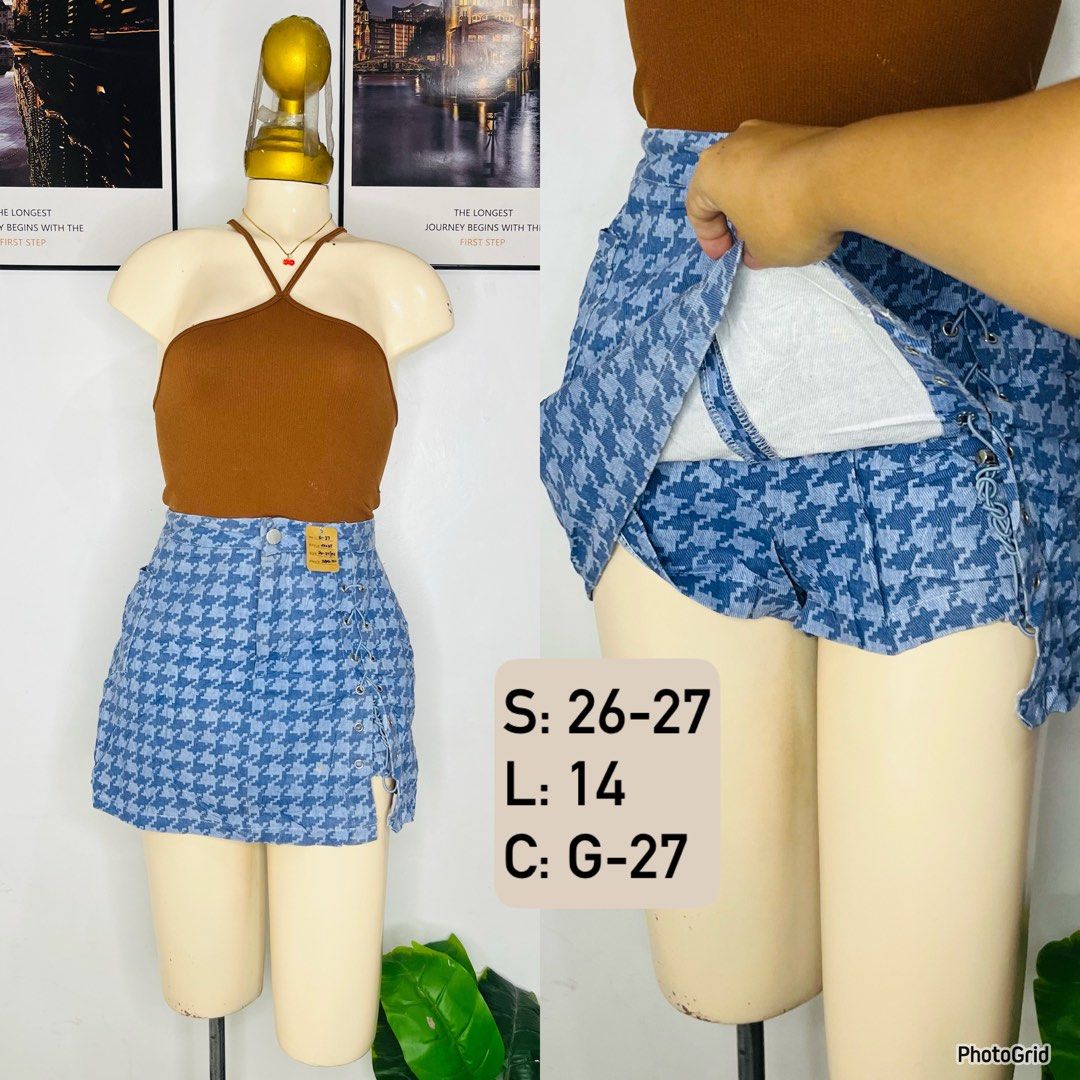 Denim Skort | S 26-27 (Category: Skirts) located in Manila. Submitted by bengirlclothing (Listing ID 1469308726, Image 1). Description: - Size: 26-27 inches - Length: 14 inches - Fit & Comfort: High-waisted style with built-in shorts underneath - Details: Decorative side lacing with grommets and front slit.