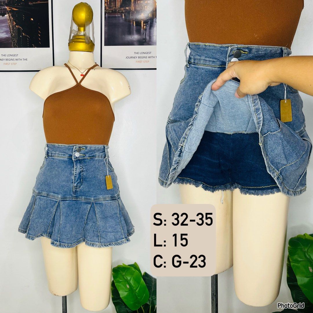 Denim Skort | S 32-35 (Category: Skirts) located in Manila. Submitted by bengirlclothing (Listing ID 1469308335, Image 1). Description: - Brand new with tag attached - Style: Denim skirt shorts (pleated front design) - Color: Classic blue - Fit: High-waisted with double button closure - Comfort: Built-in shorts underneath with raw hem detail - Measurements: Waist 32-35 inches, Length 15 inches - Item Code: G-23.