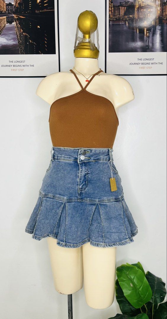 Denim Skort | S 32-35 (Category: Skirts) located in Manila. Submitted by bengirlclothing (Listing ID 1469308335, Image 2). Description: - Brand new with tag attached - Style: Denim skirt shorts (pleated front design) - Color: Classic blue - Fit: High-waisted with double button closure - Comfort: Built-in shorts underneath with raw hem detail - Measurements: Waist 32-35 inches, Length 15 inches - Item Code: G-23.