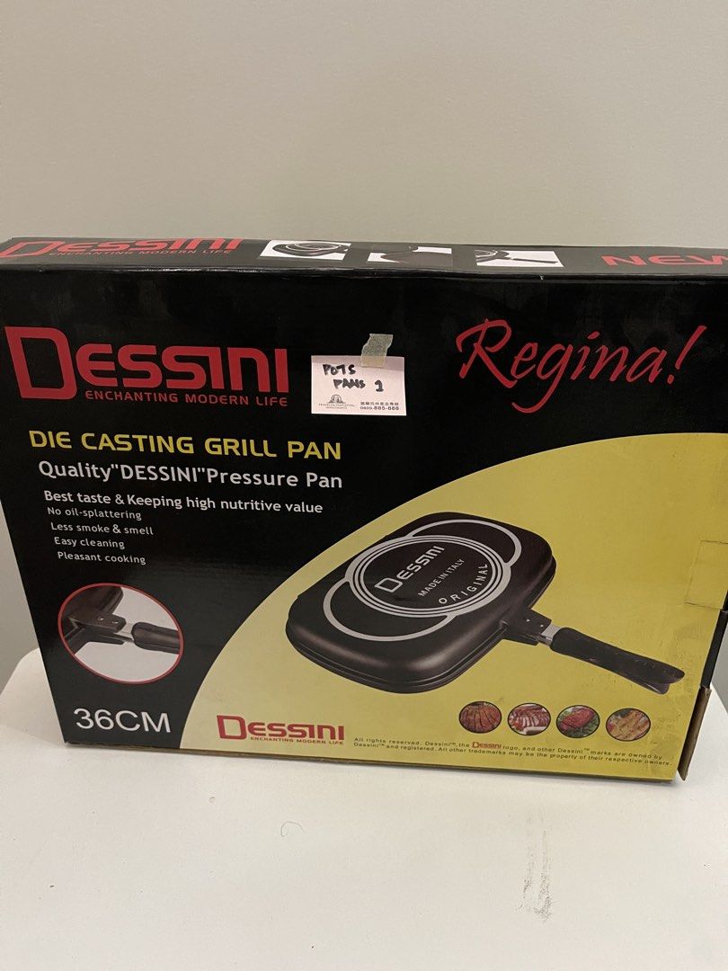 Dessini Regina 36cm Die Casting Grill Pressure Pan (Category: Cookware & Accessories) located in Quezon City. Submitted by bravehorse_f1f6d5 (Listing ID 1469286322, Image 1). Description: - Brand: Dessini Regina - Size: 36cm double-sided grill pressure pan - Material: Heavy-duty die-cast aluminium - Condition: Brand new, unused in original packaging with box - Benefits: Less smoke, no oil-splattering, and easy cleaning.