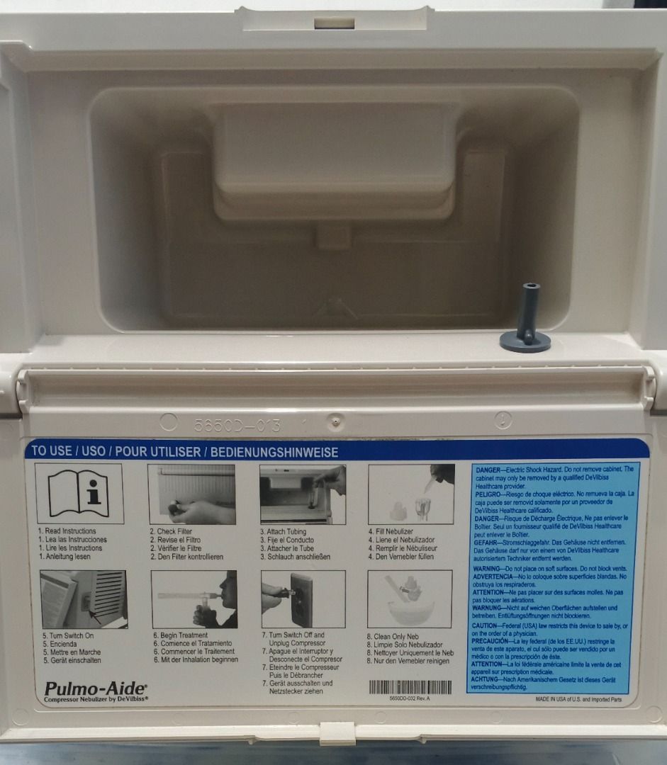 DeVilbiss Pulmo-Aide Compressor Nebulizer (Category: Medical Supplies & Tools) located in Santa Rosa. Submitted by silenceinstitution09 (Listing ID 1469187536, Image 2). Description: - Authentic DeVilbiss Pulmo-Aide compressor nebulizer machine - Clean grey housing with a built-in storage compartment - Instruction guide conveniently printed inside the lid panel - Power cord neatly wrapped on the back for easy storage - Operates on standard 230V e