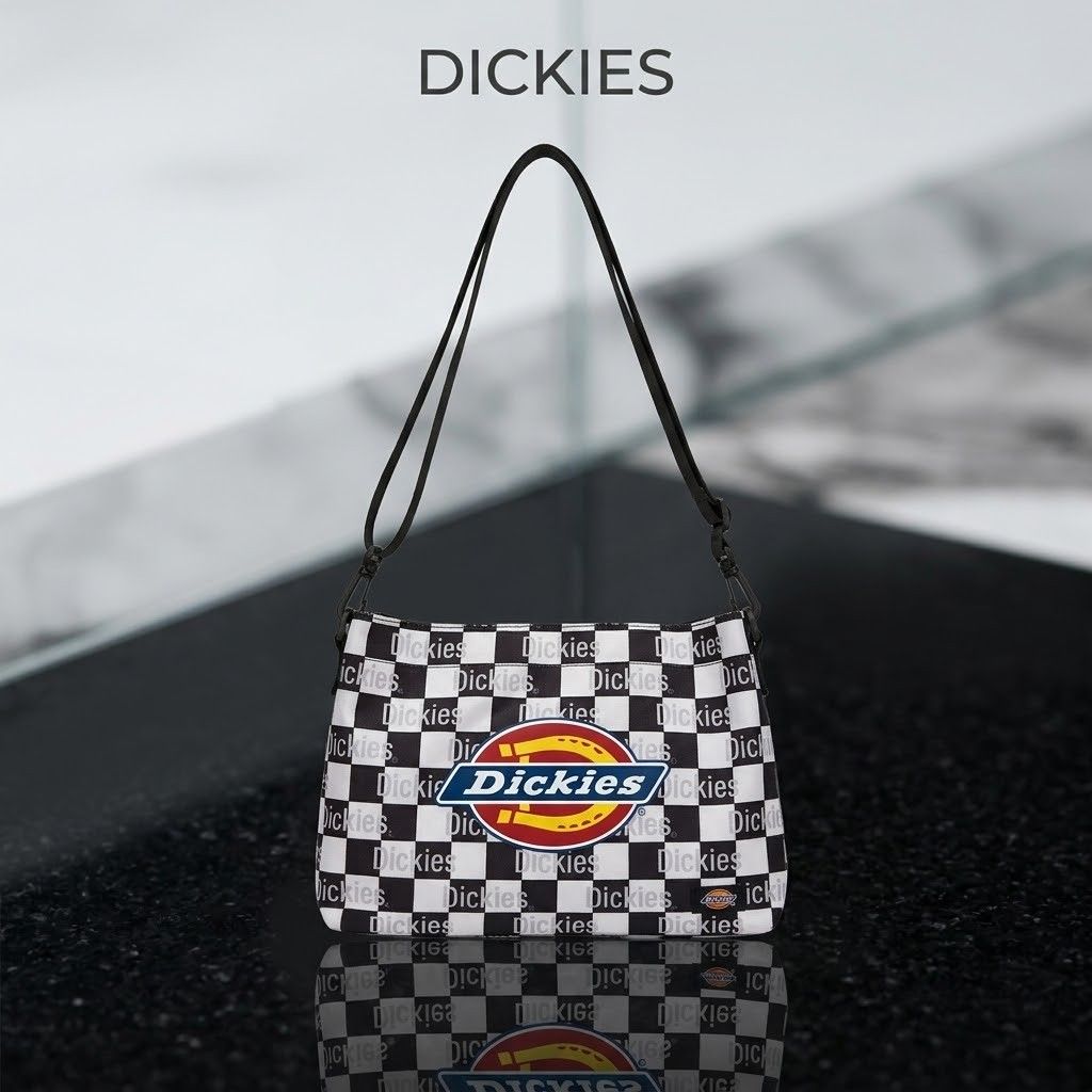 Dickies Black And White Checkered Shoulder Bag (Category: Shoulder Bags) located in Carmen. Submitted by ar_thrift00 (Listing ID 1469195980, Image 1). Description: - Brand: Dickies - Design: Black and white checker pattern with eye-catching red and yellow front logo - Details: Small logo tag near the bottom edge - Strap: Adjustable black strap with durable clips - Interior: Black lining with a secure drawstring top closure - Use: Great everyday b