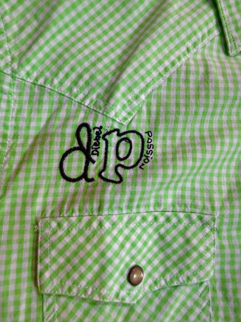 Diesel Lime Green Gingham Short Sleeve Button Down Shirt Size S (Category: Tshirts & Polo Shirts ) located in Manila. Submitted by rojotesoro (Listing ID 1469225513, Image 2). Description: - Brand: Diesel - Design: Green and white gingham check pattern - Size: S width: 19 length: 26 (front) 29 (back) - Closure & Pockets: Snap buttons down the front and on both chest pockets - Details: Embroidered “dp passion logo” patch above the right pocket - C