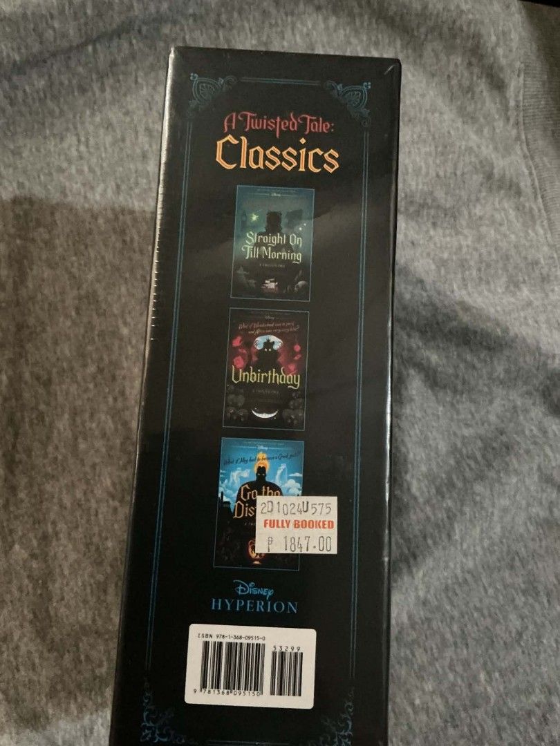 Disney A Twisted Tale Classics Box Set (Category: Storybooks) located in Manila. Submitted by kozlou (Listing ID 1469208164, Image 3). Description: Disney A Twisted Tale Classics 3-book box set - Titles included: Go the Distance, Unbirthday, and Straight On Till Morning - Comes in a sturdy slipcase - Brand new and still sealed in plastic film - ₱1700 .