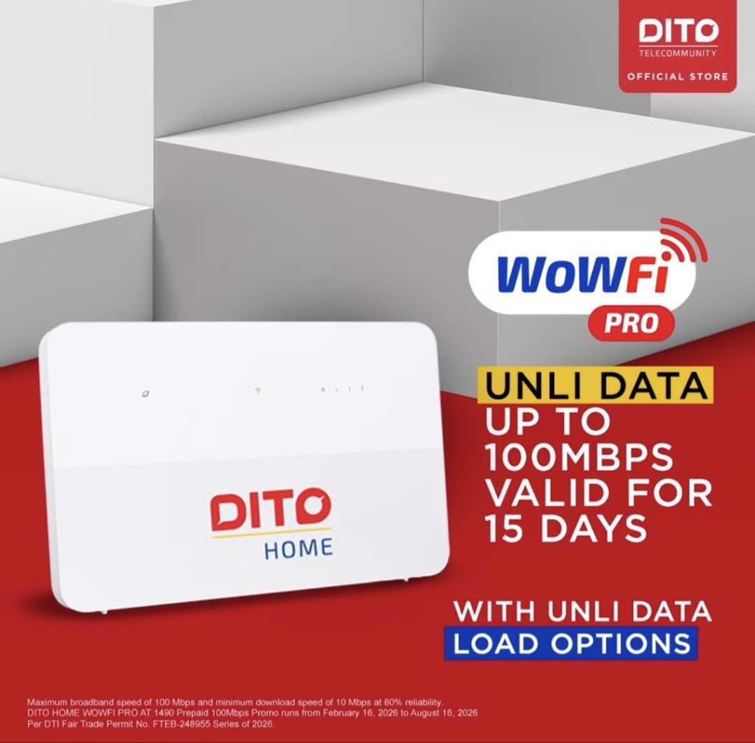 Brand New DITO Home WoWFi Pro Wi-Fi Router No Sim (Category: Networking) located in Quezon City. Submitted by Jessesells (Listing ID 1469284743, Image 1). Description: - Brand new DITO Home WoWFi Pro wireless broadband router in sleek white - Fast home internet speeds of up to 100Mbps - Quick and hassle-free setup for your home RFS: Doesn't work in my area .