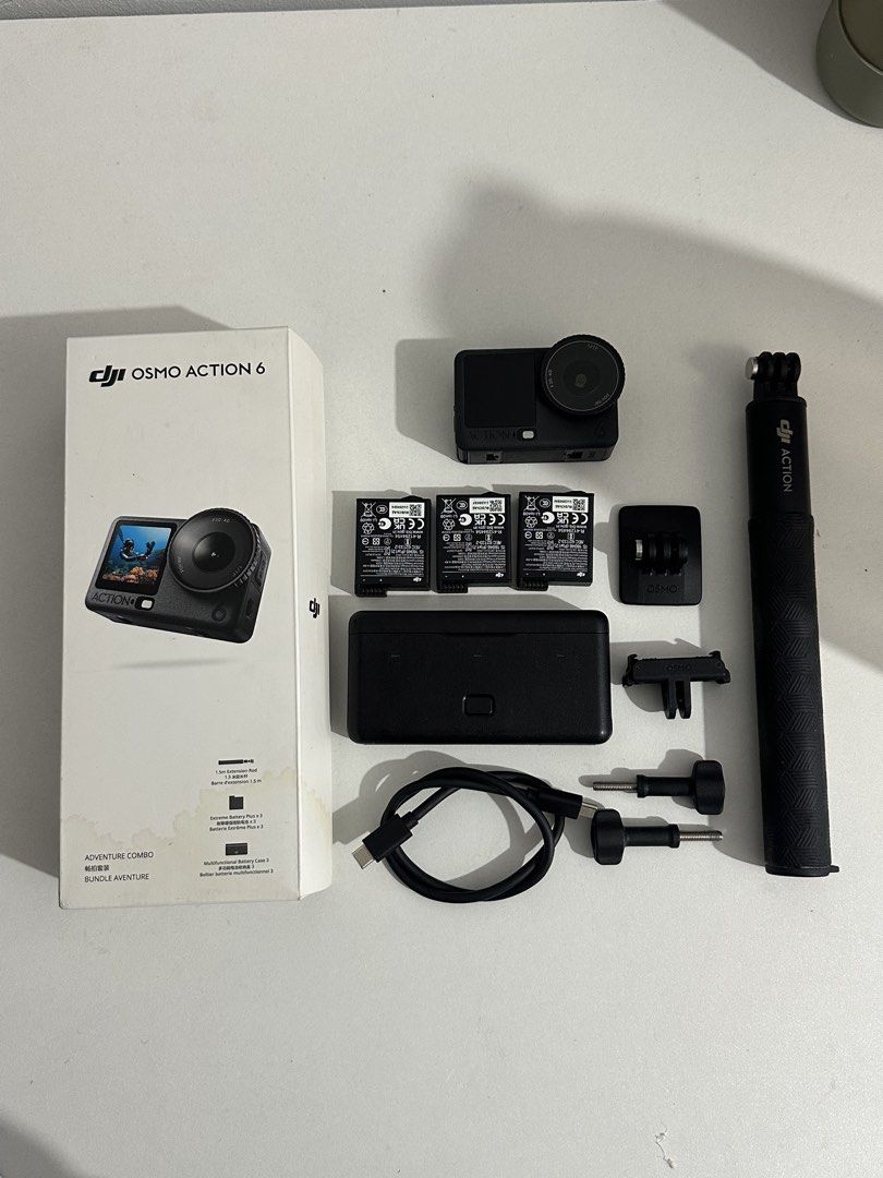 DJI Osmo Action 6 Adventure Combo (Category: Video Cameras) located in Taytay. Submitted by jc.cruz03 (Listing ID 1469234673, Image 2). Description: - DJI Osmo Action 6 Adventure Combo - Includes camera and original box - 3 batteries with charging case - 1.5m extension rod included - Quick release mount adapter & curved adhesive mount - Two mounting screws and USB-C cable - Ready to use, all items complete 25k nalang Taytay Rizal.