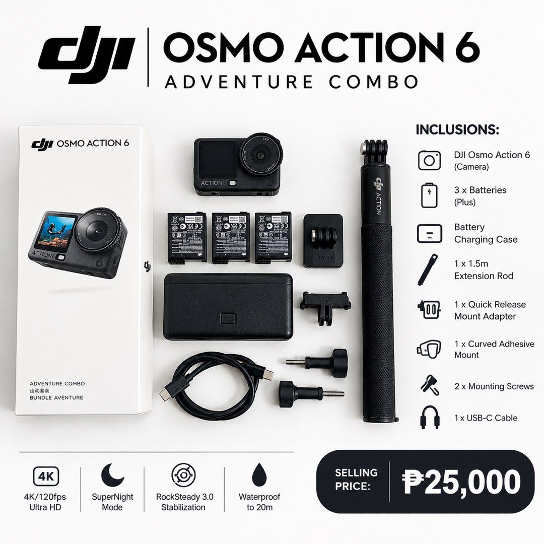 DJI Osmo Action 6 Adventure Combo (Category: Video Cameras) located in Taytay. Submitted by jc.cruz03 (Listing ID 1469234673, Image 1). Description: - DJI Osmo Action 6 Adventure Combo - Includes camera and original box - 3 batteries with charging case - 1.5m extension rod included - Quick release mount adapter & curved adhesive mount - Two mounting screws and USB-C cable - Ready to use, all items complete 25k nalang Taytay Rizal.