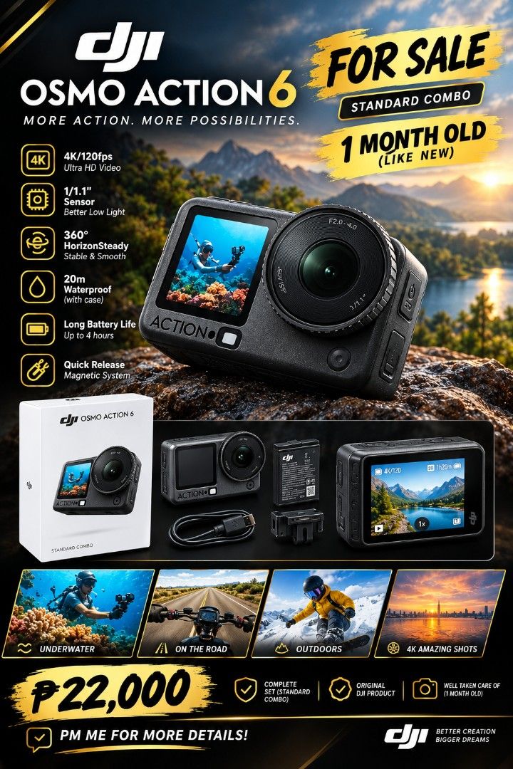 DJI Osmo Action 6 Standard Combo (Category: Video Cameras) located in Manila. Submitted by dom032386 (Listing ID 1469390528, Image 1). Description: - Brand new DJI Osmo Action 6 Standard Combo in original box - 4K 120fps ultra HD video capability for buttery smooth footage - 1/1.1-inch sensor delivers exceptional low-light performance - 360-degree HorizonSteady stabilization keeps shots perfectly leveled - Waterproof housing up to 20 meters - Ext