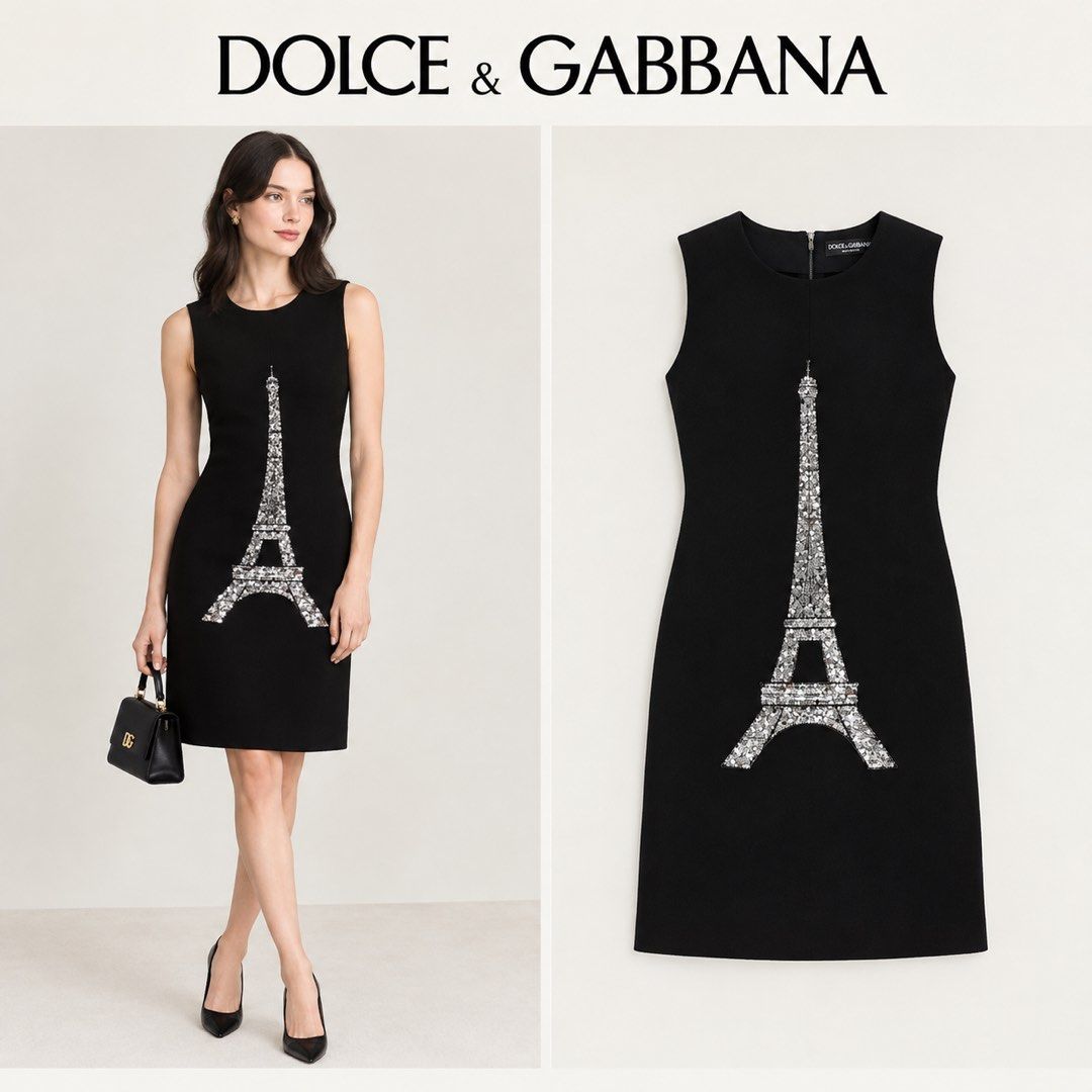 Dolce & Gabbana Eiffel Tower Sequin Black Dress (Category: Dresses) located in Amlan (Ayuquitan). Submitted by pringpring (Listing ID 1469164437, Image 1). Description: - Brand: Dolce & Gabbana - Style: Sleeveless shift dress with exposed back zipper - Design: Sparkly sequin Eiffel Tower patch on the front - Size: 38 - Material: 65% polyester, 35% cotton.