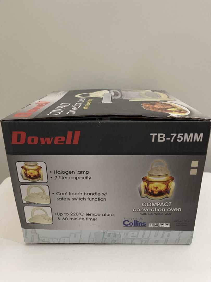 Dowell Compact Convection Oven with Halogen Lamp TB-75MM (Category: Ovens & Toasters) located in Quezon City. Submitted by bravehorse_f1f6d5 (Listing ID 1469282911, Image 2). Description: - Brand: Dowell Compact Convection Oven (Model TB-75MM) - Condition: Original box included - Capacity: 7-liter clear glass bowl - Cooking Tech: Halogen lamp for fast and efficient cooking - Temperature: Up to 220°C with a 60-minute timer - Safety: Cool touch han