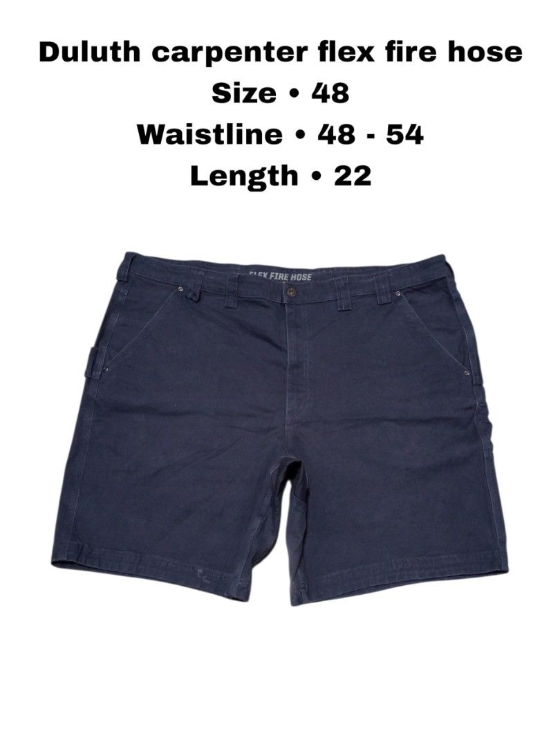 Duluth Trading Carpenter Flex Fire Hose Shorts Size 48 (Category: Shorts) located in Magdalena. Submitted by magdalenathrift20 (Listing ID 1469168866, Image 1). Description: - Brand: Duluth Trading Co. - Style: Fire Hose Carpenter Shorts - Color: Navy Blue - Size: 48 Waist / 22 Length - Material: 97% Cotton, 3% Spandex (tough yet stretchy) - Features: Multiple utility pockets and tool loops - Condition: Heavy-duty workwear, built to last - Origin