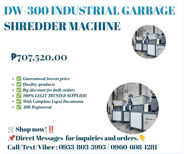 DW-300 INDUSTRIAL GARBAGE SHREDDER MACHINE (Category: Everything Else Others) located in Caloocan City. Submitted by goldenriver-a9d0 (Listing ID 1469169813, Image 1). Description: ◎Model: DW-300 ◎Motor: 3-phase, 380V, 50Hz ◎Power: 3KW-4,Single motor ◎Reducer: JL2#-16 ◎Input speed: 16 rpm ◎Input torque: 1628Nm ◎Input shaft Dia.: Φ50 ◎Blade size: Φ180*12 ◎Blade material: 9CrSi ◎Blade Qty.: 24 PCS ◎Inlet size: 500*500*300 mm ◎Outlet width: 450 mm ◎