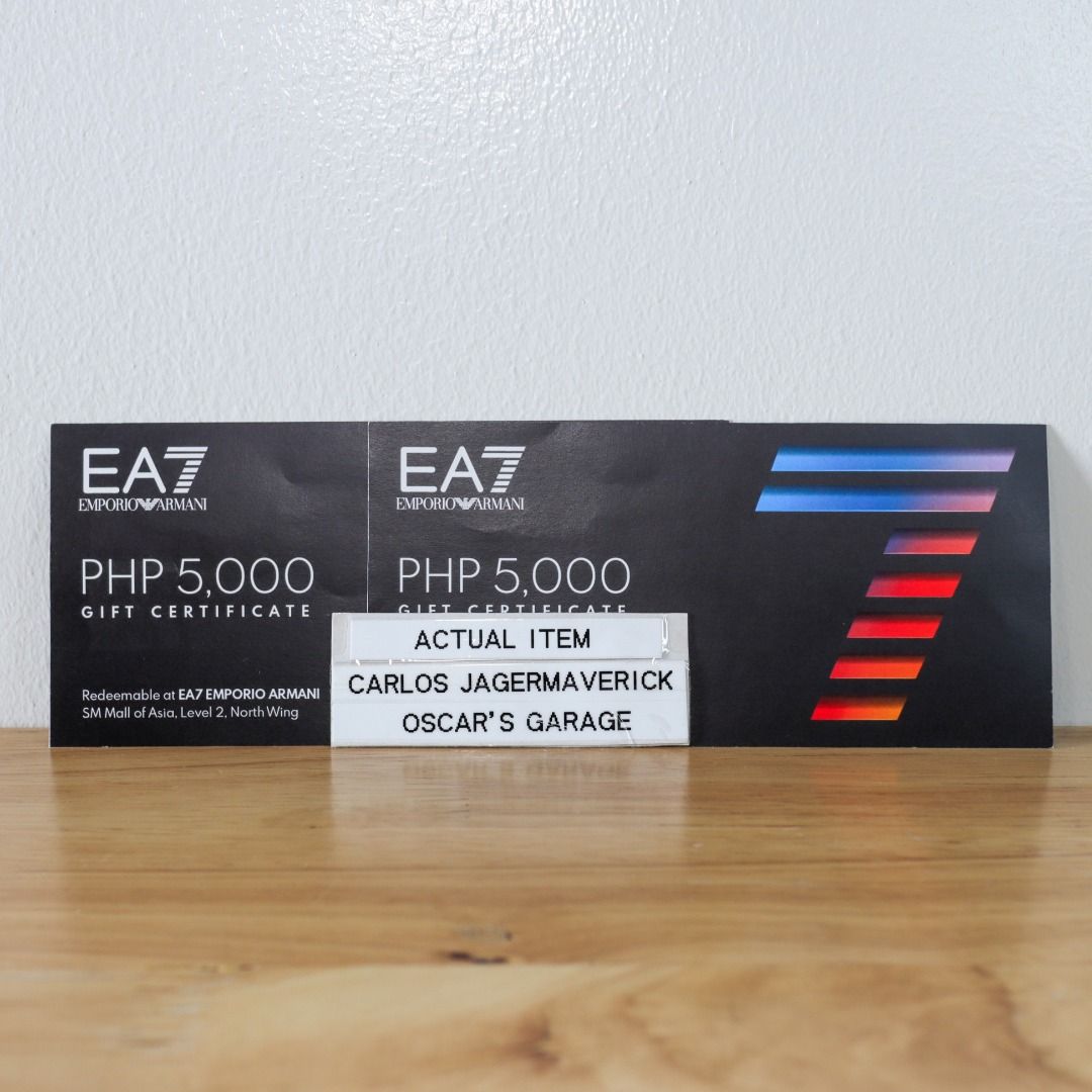 EA7 Emporio Armani 10k GC (Category: Activewear) located in Manila. Submitted by oscarsgarage (Listing ID 1469370212, Image 3). Description: Description: - EA7 Emporio Armani Gift Certificates - Redeemable at EA7 SM Mall Of Asia - No expiration date Inclusions: - 2x EA7 Emporio Armani PHP 5000 Reason for selling: - No need for GCs Shipping: - Item may be viewed on-site. Vertis North or TriNoma, Quezon City..