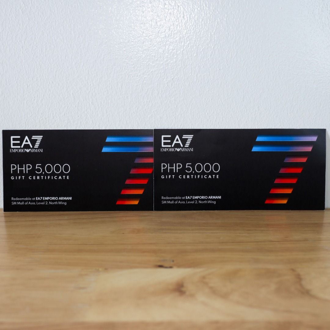 EA7 Emporio Armani 10k GC (Category: Activewear) located in Manila. Submitted by oscarsgarage (Listing ID 1469370212, Image 1). Description: Description: - EA7 Emporio Armani Gift Certificates - Redeemable at EA7 SM Mall Of Asia - No expiration date Inclusions: - 2x EA7 Emporio Armani PHP 5000 Reason for selling: - No need for GCs Shipping: - Item may be viewed on-site. Vertis North or TriNoma, Quezon City..