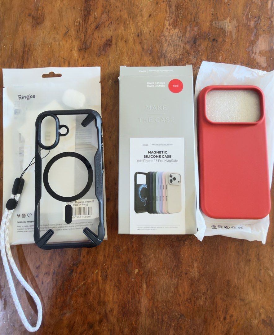 Elago and Ringke iPhone 17 series case (Category: Cases & Sleeves) located in Romblon. Submitted by chadish_magoy (Listing ID 1469204820, Image 1). Description: For sale Free ship JnT‼️ Elago Magsafe Silicone Case Red for iPhone 17 Pro - 700 Ringke Fusion X Magsafe for iPhone 17 base with strap - 700 Location: Romblon South Luzon.