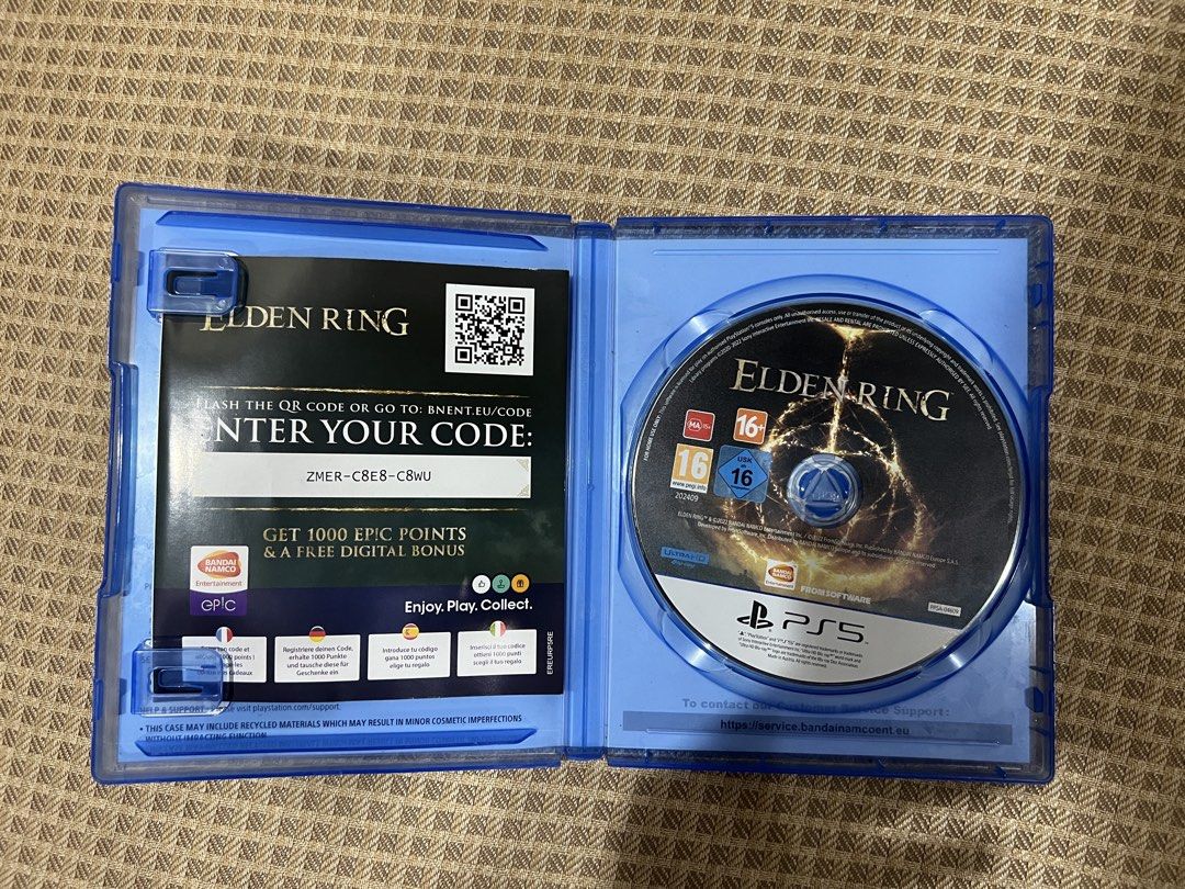Elden Ring PS5 Game Disc with Case (Category: PlayStation) located in Marikina City. Submitted by pepitsells (Listing ID 1469293709, Image 2). Description: for the PlayStation 5 (PS5) physical disc in original blue case, clean and scratch-free original insert flyer with QR code and code text (i believe it’s used since i got it for free with the ps5 secondhand) tested and 100% working, ready to play! MOP: Gcash/Bank transfer RFS: not being used an