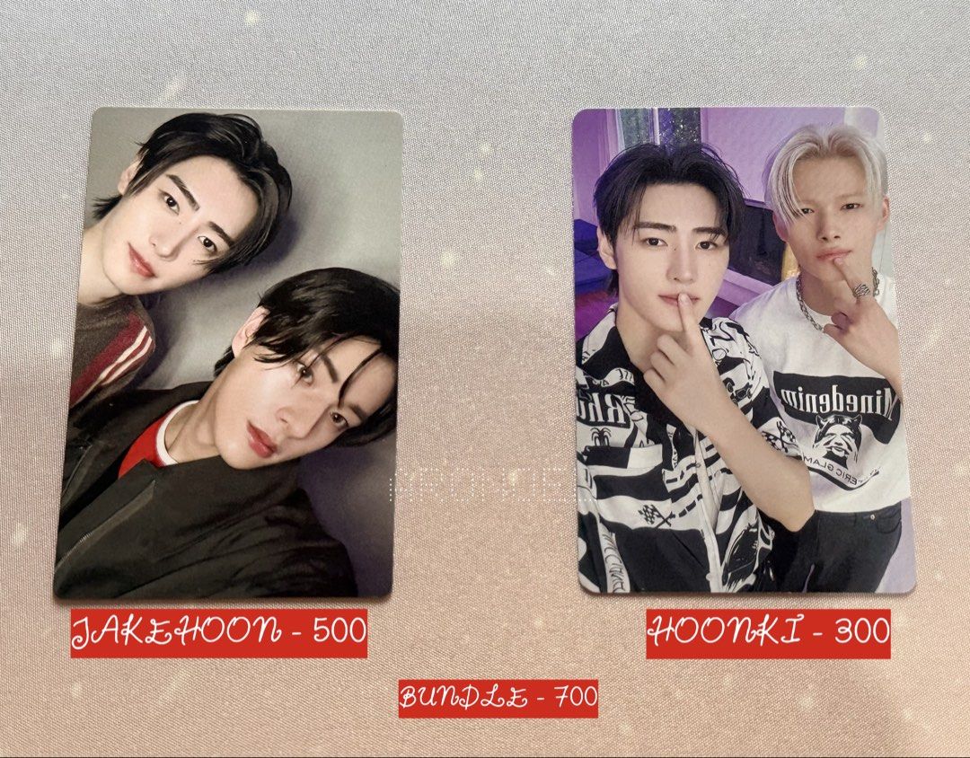 ENHYPEN Duo PCs (Category: K-Wave Merchandise) located in Manila. Submitted by larkspurshopp (Listing ID 1469230339, Image 3). Description: - ENHYPEN photocards for sale (units like Heejay, Heewon, Jakehoon, Hoonki, and individual members) - Various eras included - Prices: ₱150 - ₱4,650 (as marked in photos) - Cheaper rates available for bundles - Condition: Mint, kept in sleeves or top loaders since pulling - Packaging: Safe packing with cardboa