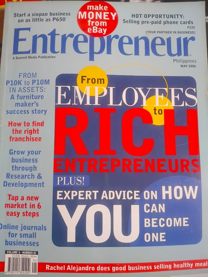 Entrepreneur Magazines Preloved (Category: Magazines) located in Quezon City. Submitted by viaramirez (Listing ID 1469233242, Image 2). Description: P 60.00 each, 5 magazines minimum purchase or take all 14 magazines for 700.00 Good readable condition, complete pages, shipping or pickup, SF charged to buyer, Commonwealth QC .
