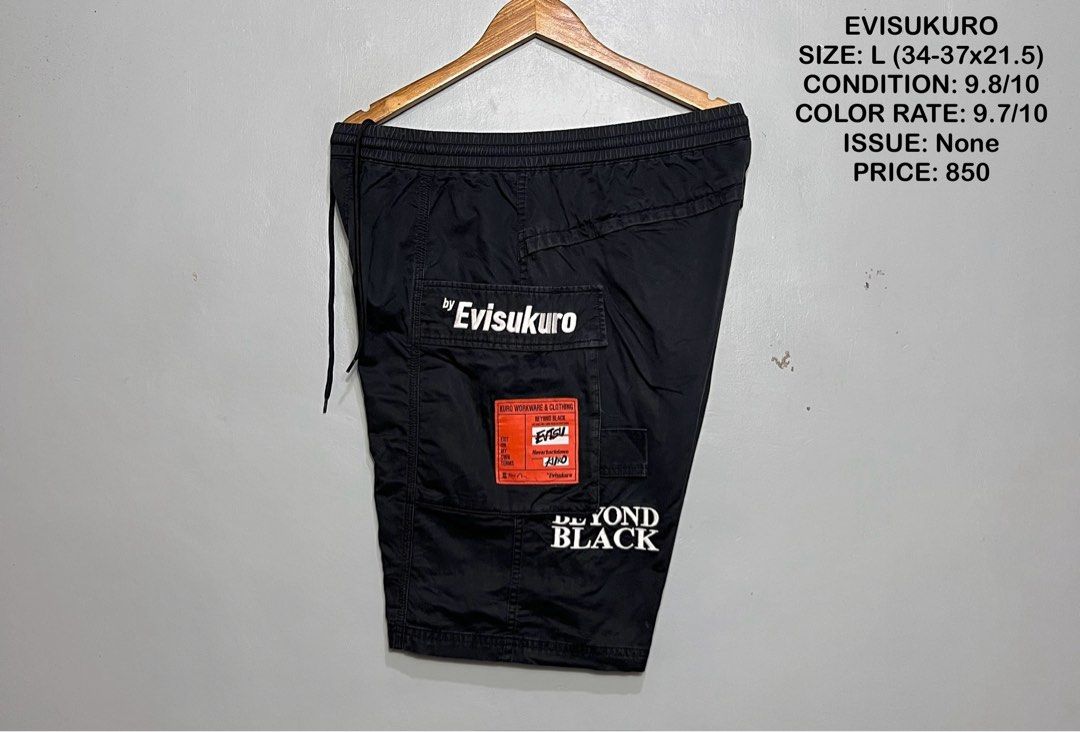 EVISUKURO EMBROIDERED LOGO (Category: Shorts) located in Bulan. Submitted by moonfindsthrifteditems (Listing ID 1469216402, Image 1). Description: SIZE: L (34-37x21.5) CONDITION: 9.8/10 COLOR RATE: 9.7/10 ISSUE: None PRICE: 850.