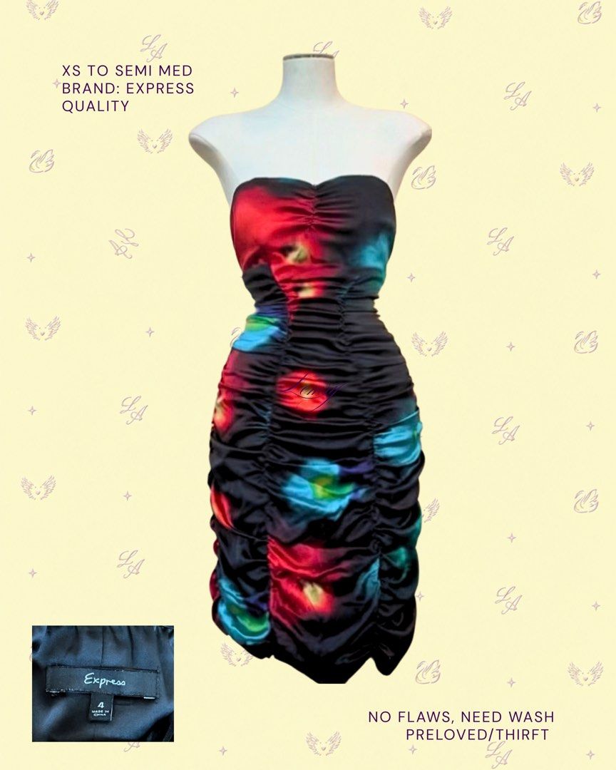 express ruched strapless dress (Category: Dresses) located in Baguio. Submitted by boughtoomuch (Listing ID 1469335494, Image 1). Description: - Size: 4 (Best fits XS to semi-medium frames) - Design: Allover colorful floral & watercolor print on a sleek black base - Fit: Fully ruched on sides and front for a flattering, fitted silhouette - Style: Strapless dress with silicon stopper.