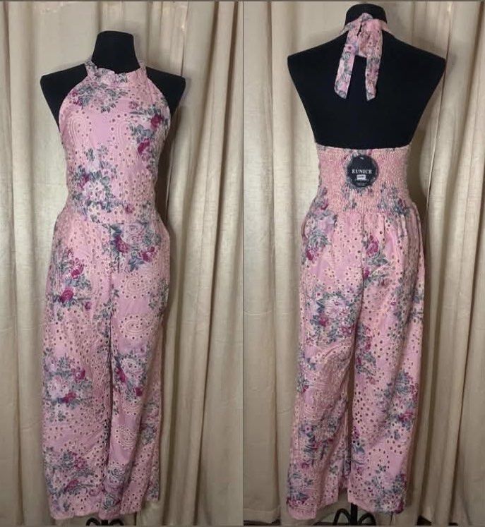 Eyelet Halter Jumpsuit with side pockets (Category: Jumpsuits) located in Cainta. Submitted by vestito_bestida (Listing ID 1469292802, Image 2). Description: ⛔️ACTUAL PHOTO POSTED⛔️ 👉 Brandnew Eyelet Halter Jumpsuit with side pockets 👉 Color: Floral Pink 👉 Length: 50" 👉 Waist: 26" to 32" 👉 Condition: Brand new with tag attached 👉 Design: Pink halter jumpsuit with eyelet floral pattern and adjustable neck ties 👉 Fit & Comfort: Smocked elast