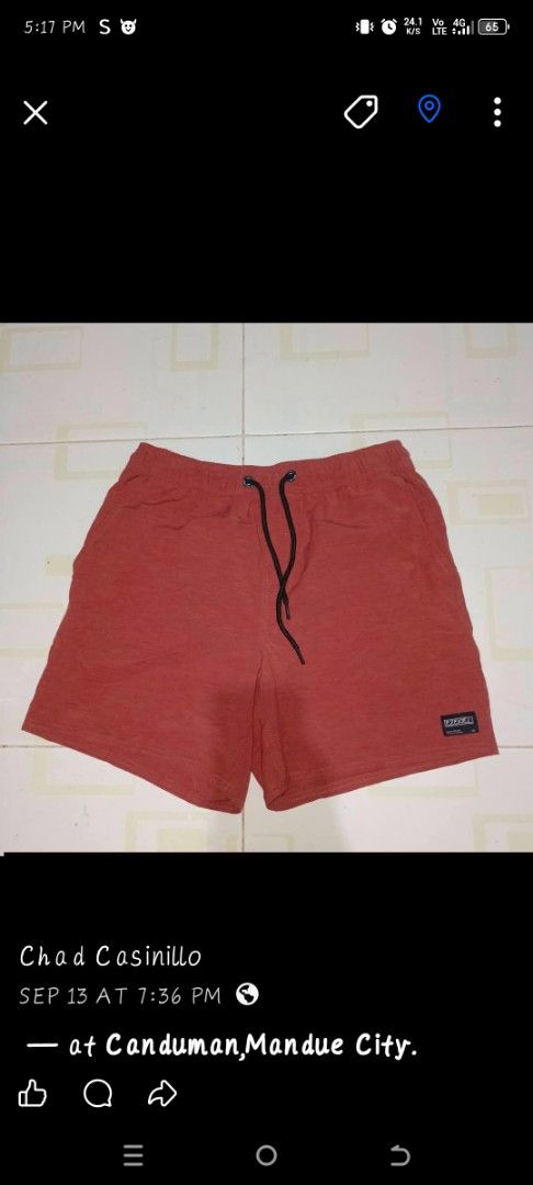 Ezekiel Board Shorts Size 30 Red (Category: Swim Trunks & Board Shorts) located in Mandaue City. Submitted by oceacasini96558 (Listing ID 1469233079, Image 2). Description: - Brand/Model: Ezekiel board shorts - Color: Red - Size: 30 waistband with adjustable black drawstring - Pocket: Single back pocket with button closure on the right side - Material: 70% polyester, 20% cotton, 10% spandex blend for stretch and comfort - Care instructions: Machi