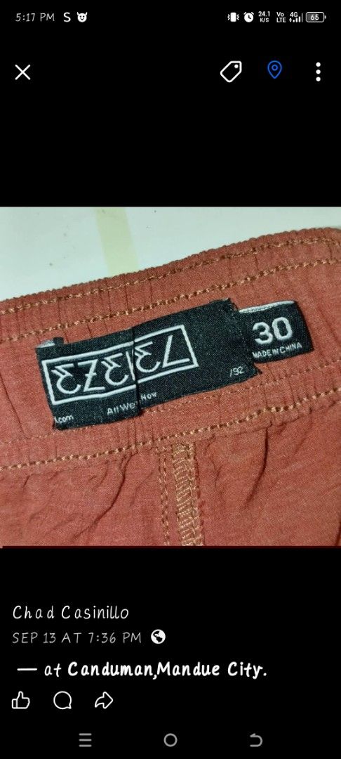 Ezekiel Board Shorts Size 30 Red (Category: Swim Trunks & Board Shorts) located in Mandaue City. Submitted by oceacasini96558 (Listing ID 1469233079, Image 3). Description: - Brand/Model: Ezekiel board shorts - Color: Red - Size: 30 waistband with adjustable black drawstring - Pocket: Single back pocket with button closure on the right side - Material: 70% polyester, 20% cotton, 10% spandex blend for stretch and comfort - Care instructions: Machi