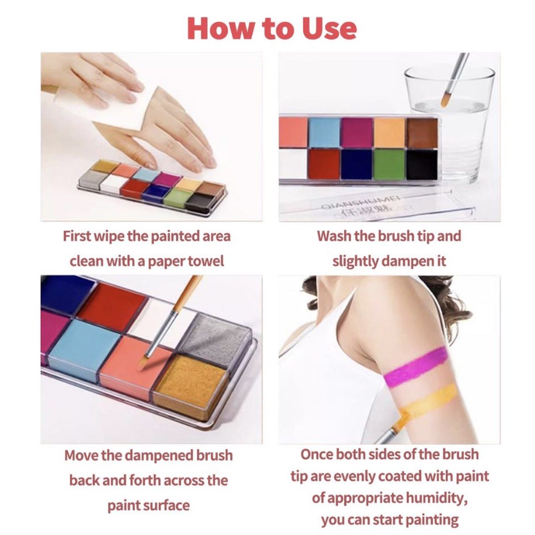 Face Paint with Brush (Category: Makeup) located in Pasig City. Submitted by pik.anik (Listing ID 1469223932, Image 3). Description: - 12 colors for face and body painting - Includes one brush - Palette size: 16.2cm x 5.8cm - Mild, safe, and non-toxic formula suitable for all ages - Activated with a water-dampened brush - Easy to remove with wipes - Ideal for parties, Halloween costumes, and creative art projects rfs: change costume .