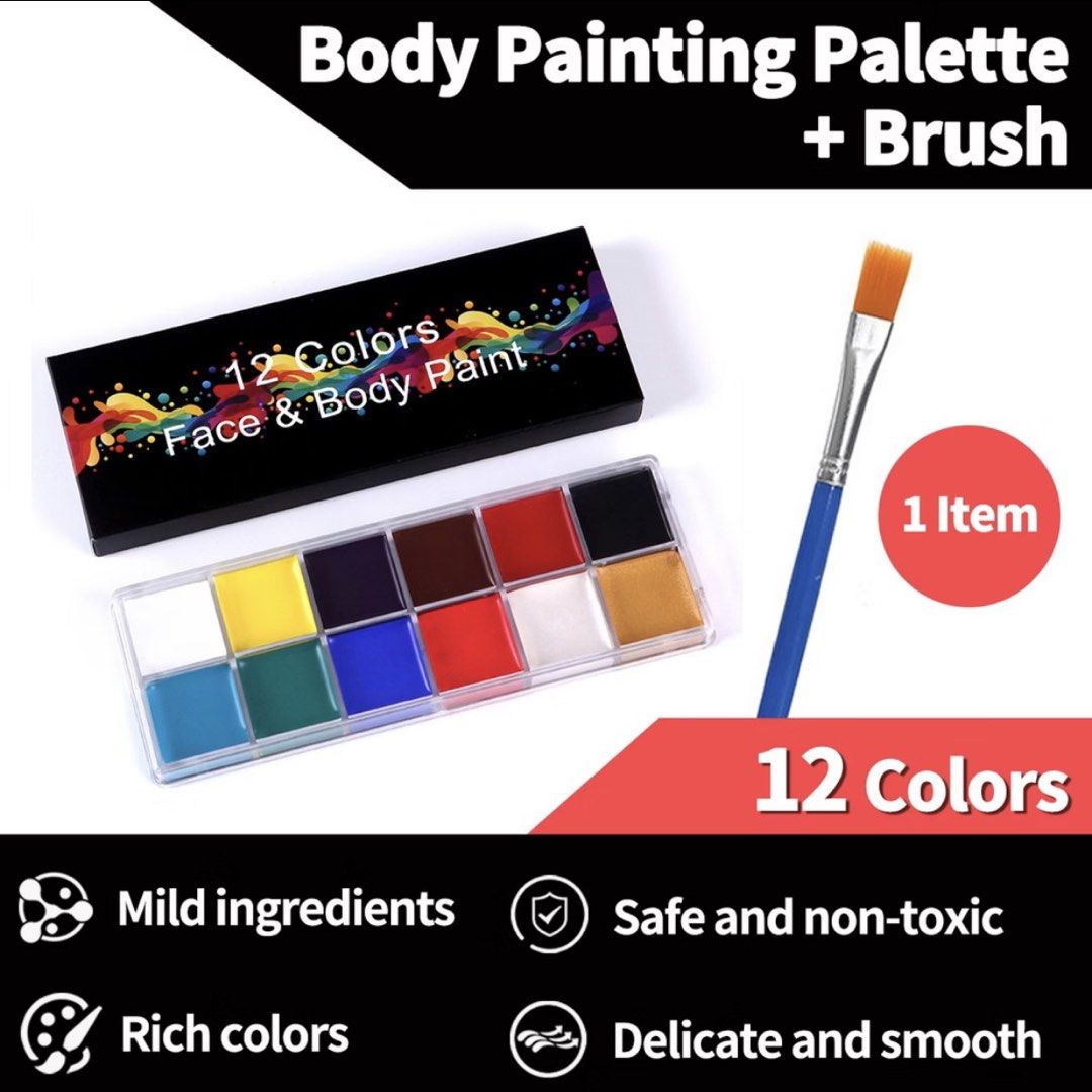 Face Paint with Brush (Category: Makeup) located in Pasig City. Submitted by pik.anik (Listing ID 1469223932, Image 1). Description: - 12 colors for face and body painting - Includes one brush - Palette size: 16.2cm x 5.8cm - Mild, safe, and non-toxic formula suitable for all ages - Activated with a water-dampened brush - Easy to remove with wipes - Ideal for parties, Halloween costumes, and creative art projects rfs: change costume .