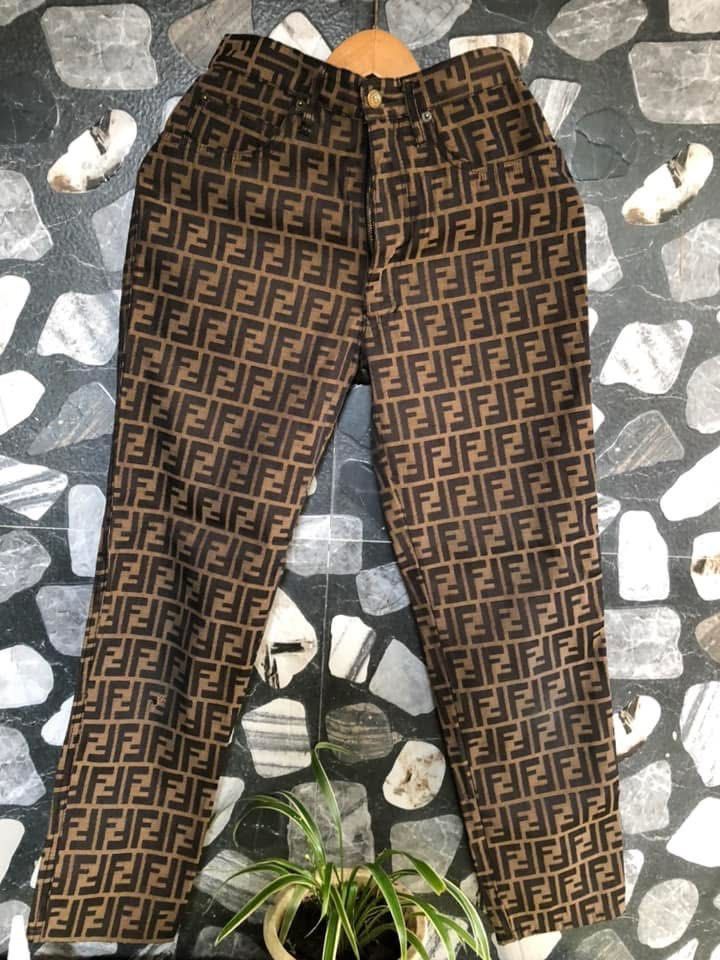 Fendi Jeans Brown FF Monogram Denim Pants Size 28 (Category: Jeans) located in Bacolod City. Submitted by chuchaystuffs (Listing ID 1469216762, Image 1). Description: - Brand: Fendi Jeans - Color/Pattern: Brown with all-over FF monogram - Size: 28-inch waist (High waist fit) - Origin: Made in Italy - Closure: Front button and zip - Details: Features original Fendi Jeans back waistband label - Condition: Good vintage condition with a minor fabric 