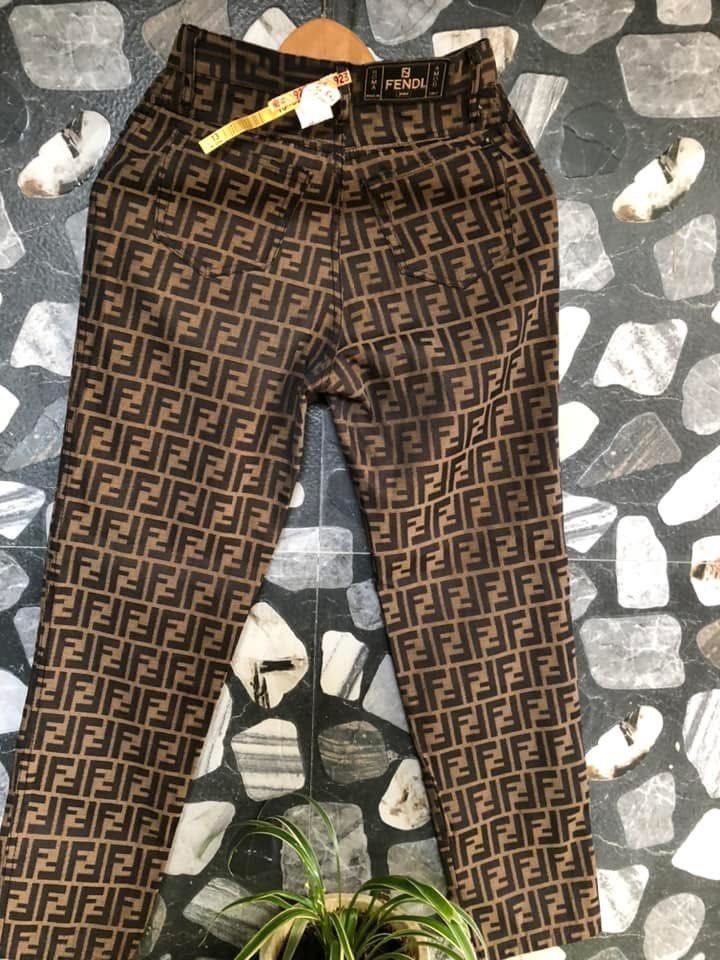 Fendi Jeans Brown FF Monogram Denim Pants Size 28 (Category: Jeans) located in Bacolod City. Submitted by chuchaystuffs (Listing ID 1469216762, Image 2). Description: - Brand: Fendi Jeans - Color/Pattern: Brown with all-over FF monogram - Size: 28-inch waist (High waist fit) - Origin: Made in Italy - Closure: Front button and zip - Details: Features original Fendi Jeans back waistband label - Condition: Good vintage condition with a minor fabric 