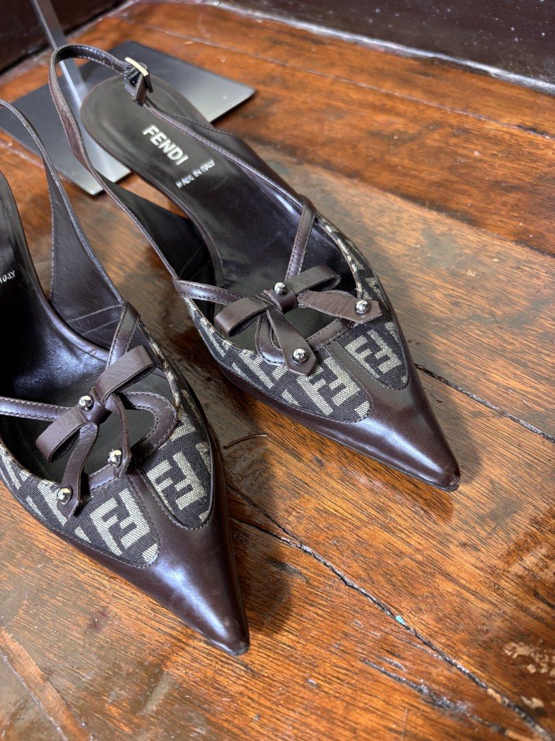 Fendi Monogram Jacquard Slingback Pumps (Category: Heels) located in Manila. Submitted by earlylifecrisis (Listing ID 1469260890, Image 2). Description: Size 36 1/2 Condition 8/10 Measure it by inch Insole: 9.5 Outsole: 11 Heels: 2 •Refund / Returns not allowed allowed •Please do check the dimensions size on labels sometimes are not accurate on the sizing •Ask me before purchasing.