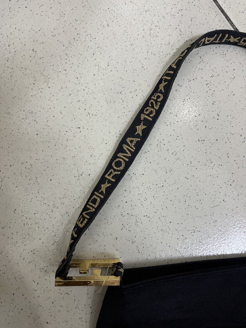 FENDI ROMA 1925 ITALY (Category: Luxury Bags & Wallets) located in Manila. Submitted by hello_juicyyyy (Listing ID 1469383027, Image 3). Description: vintage Fendi black nylon shoulder bag featuring a jacquard logo strap that reads “FENDI ROMA 1925 ITALY” and a circular FF logo medallion on the front. 11 x 7 .