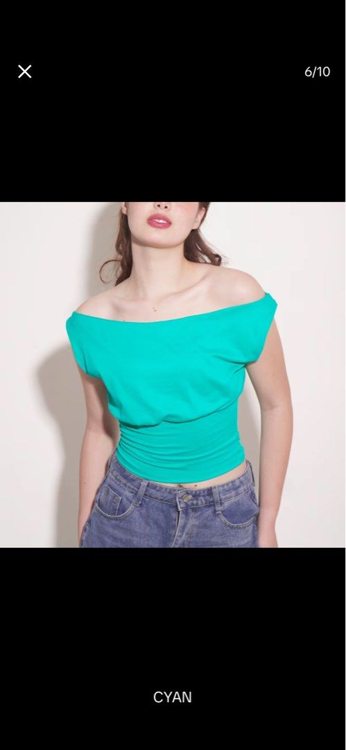 FHILAR Cyan Teal Off-Shoulder Top (Category: Blouses) located in Manila. Submitted by yiiio3o (Listing ID 1469347787, Image 1). Description: Original Price ₱199 - Color: Bright cyan - Style: Off-shoulder neckline with elegant draped fabric - Fit: Fitted waist with flattering side ruching - Material: Stretchy and comfortable - Styling tip: Pairs easily with high-waisted jeans - Condition: Clean overall look - Worn once.