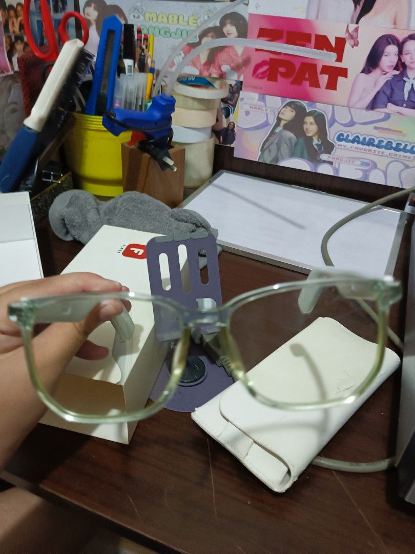 Fleek Smart Eyewear II Bluetooth Audio Glasses (Category: Sunglasses & Eyewear) located in Caloocan City. Submitted by jsmnelsha (Listing ID 1469268175, Image 3). Description: - Brand/Model: Fleek TCW02-PC Smart Eyewear - Design: Transparent blue frame with white legs - Connectivity: Bluetooth 5.0 with 30-foot range - Audio: Built-in speakers on both sides - Controls: Convenient touch and click controls - Battery Life: 110mAh dual batteries; 4 ho