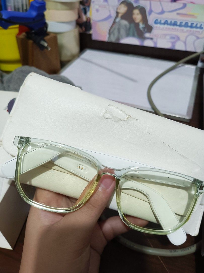 Fleek Smart Eyewear II Bluetooth Audio Glasses (Category: Sunglasses & Eyewear) located in Caloocan City. Submitted by jsmnelsha (Listing ID 1469268175, Image 2). Description: - Brand/Model: Fleek TCW02-PC Smart Eyewear - Design: Transparent blue frame with white legs - Connectivity: Bluetooth 5.0 with 30-foot range - Audio: Built-in speakers on both sides - Controls: Convenient touch and click controls - Battery Life: 110mAh dual batteries; 4 ho